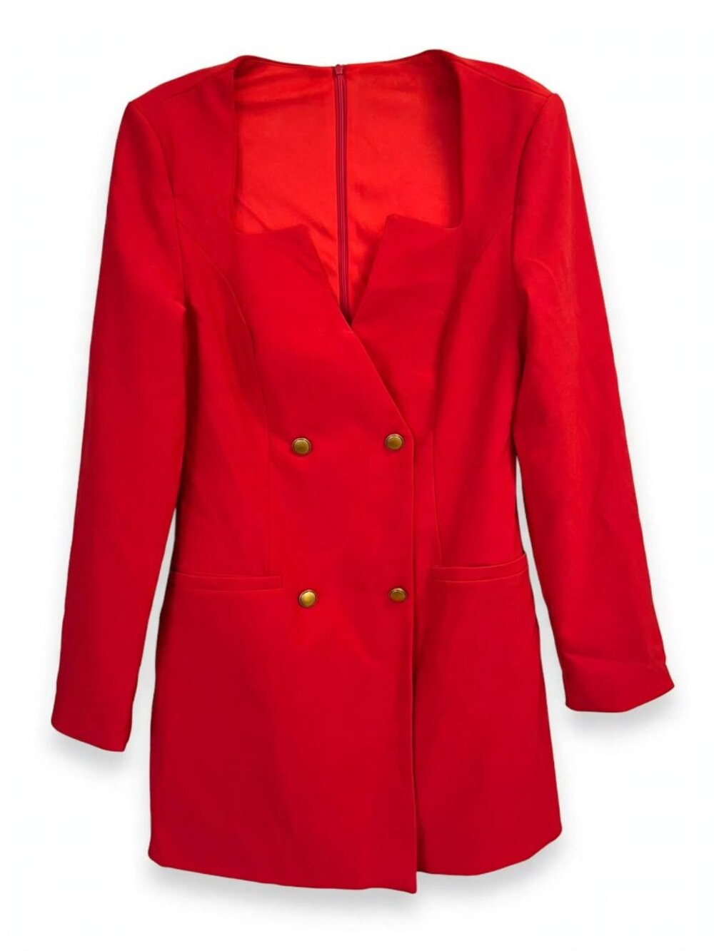 Sculpted Red Double-Breasted Blazer Dress with Gold Buttons